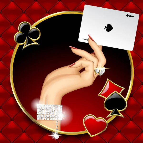 Mano de mujer con joyas sosteniendo el as jugando a las cartas en redondo — Archivo Imágenes Vectoriales