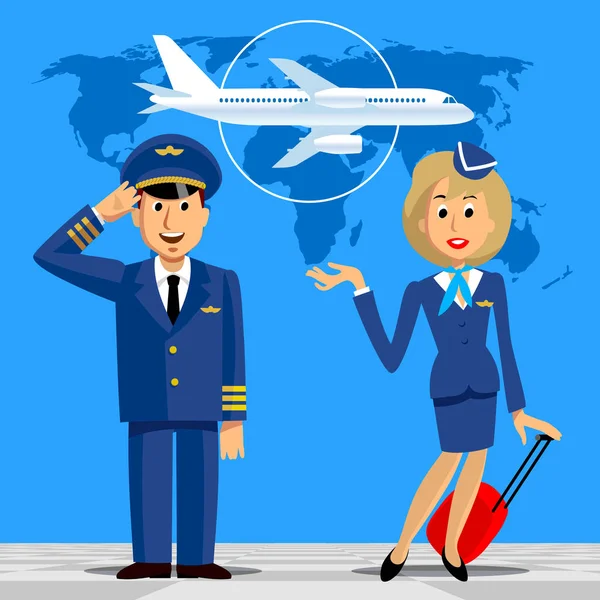 Pilote et hôtesse en uniforme sur fond bleu avec world ma — Image vectorielle