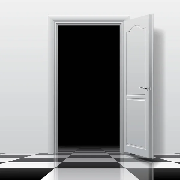 Ingang in een donkere kamer met witte open deur op de glanzende che — Stockvector