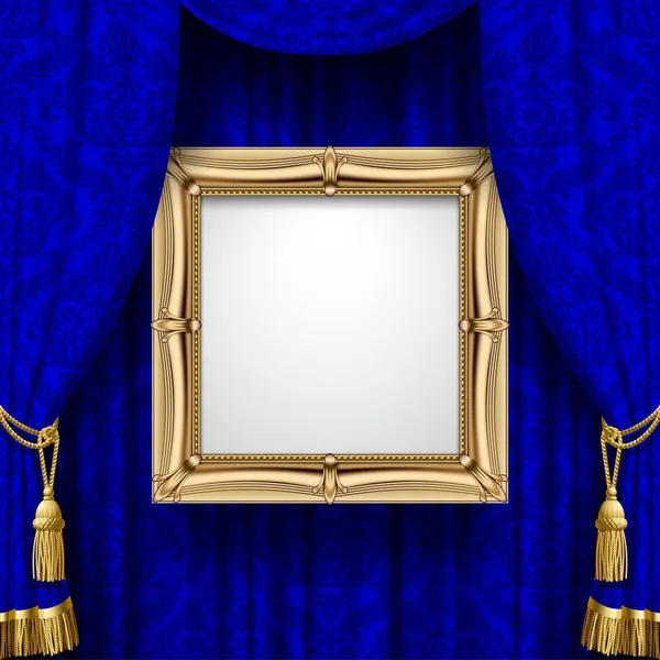 Синій декоративний фіранковий фон з підвішеним золотим класичним — стоковий вектор