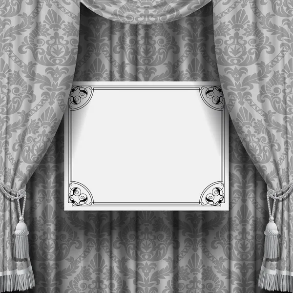 Grauer Ziervorhang mit einem abgehängten weißen Schild mit Retro-Design — Stockvektor