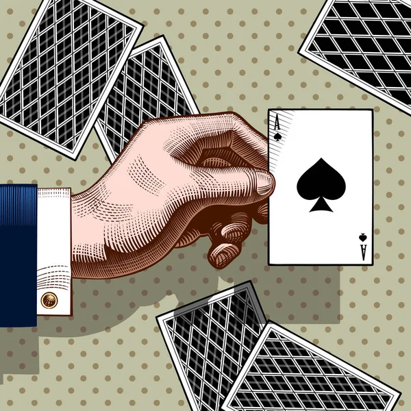 Ruka s ace of Spades hrací karty. Vintage barevná engravin — Stockový vektor