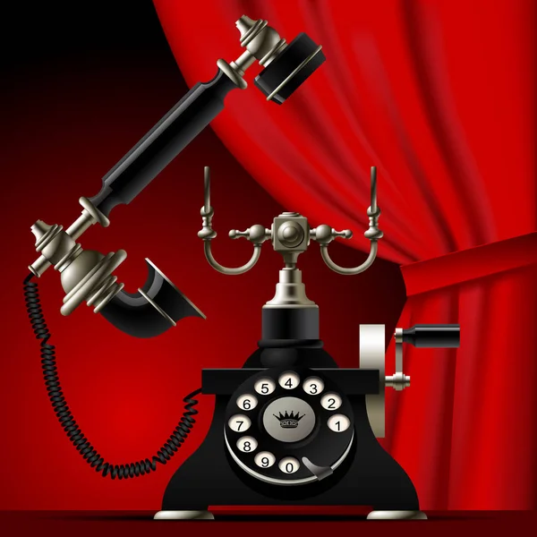 Vintage telephone with a red curtain on dark red background — Stock Vector