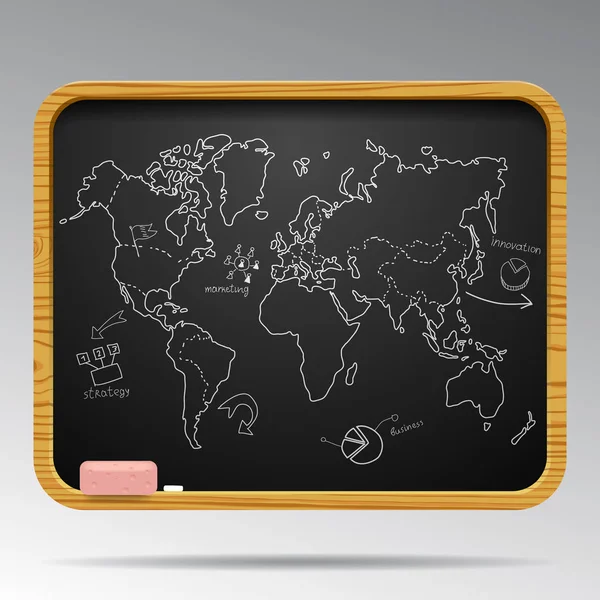 Blackboard isolated with hand drawn world map and business icons — Stock Vector