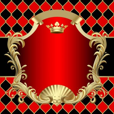 Vintage altın ve kırmızı banner üzerinde kırmızı ve siyah rho üzerinde bir taçla