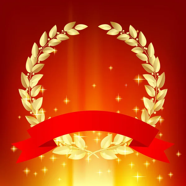 Couronne de laurier d'or avec ruban rouge sur fond lumineux étincelant — Image vectorielle