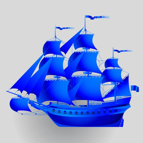 Blue paper sailing ship on gray background — Stock Vector