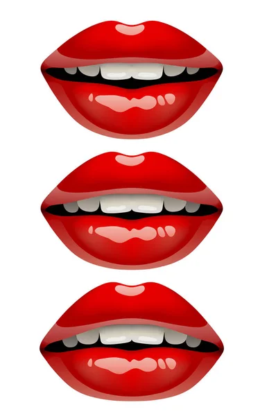 Woman's lips set with red glossy lipstick makeup isolated on whi — Stock Vector