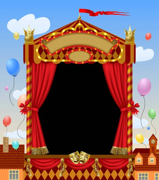 Puppet show stand met theater maskers, rood gordijn, verlichte s — Stockvector