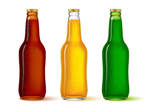 Стеклянные бутылки различных цветов с пивом изолированы на — стоковый вектор