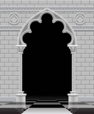Taş Gotik arch ve duvar glos üzerinde siyah ve beyaz renklerde
