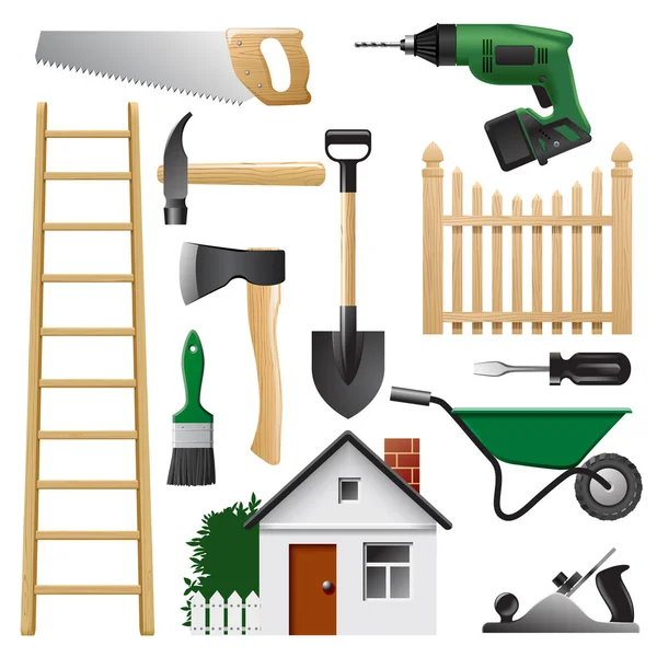 Home tools set for construction and repair process isolated on w — Stock Vector