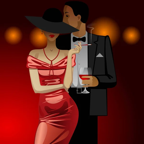 Hombre y mujer en vestido de noche oscuro sobre fondo rojo oscuro con — Vector de stock