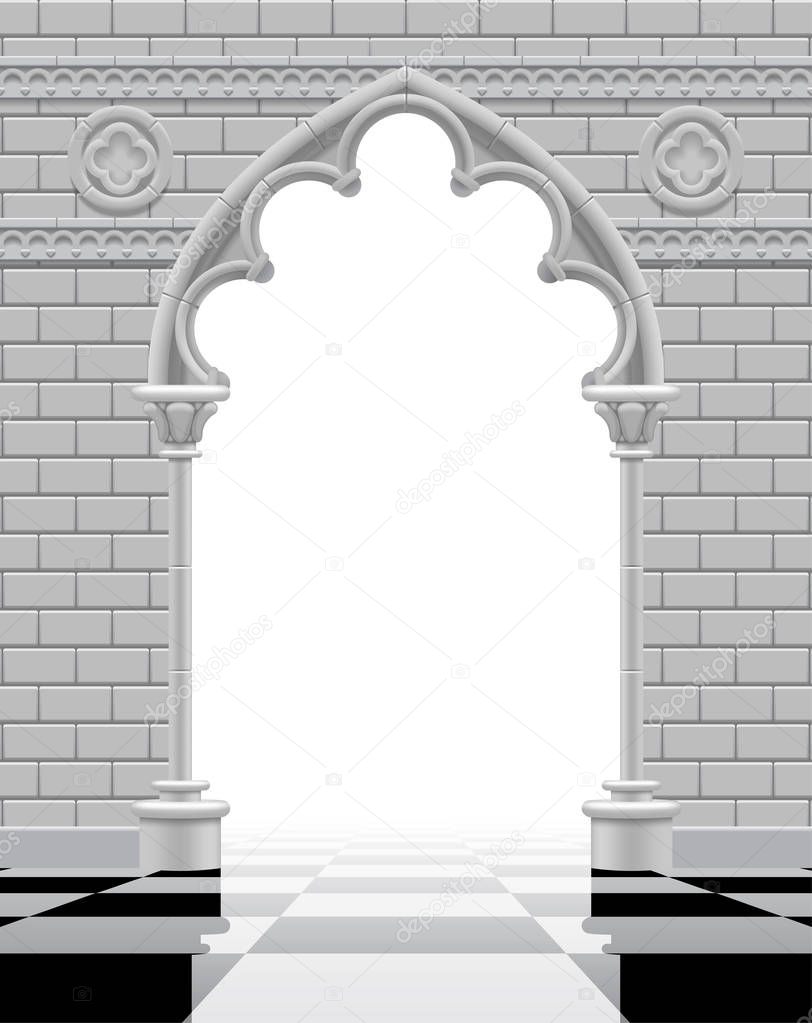 Gothic arch and wall in black and white colors on the glossy che