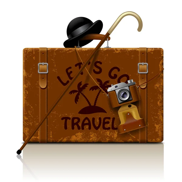 Vintage bruin versleten koffer met wandelstok, bolhoed — Stockvector