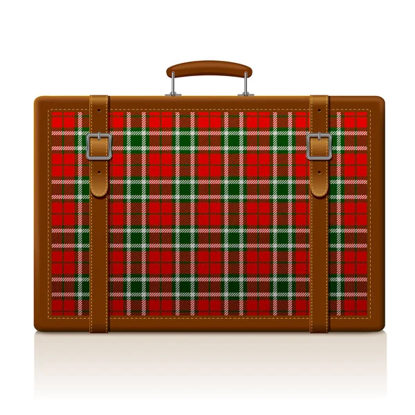 Vintage brązowy wytartym walizkę z tartan ornament na białym tle — Wektor stockowy