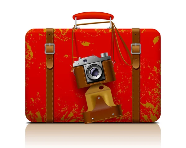Valise filetée vintage rouge avec appareil photo rétro — Image vectorielle