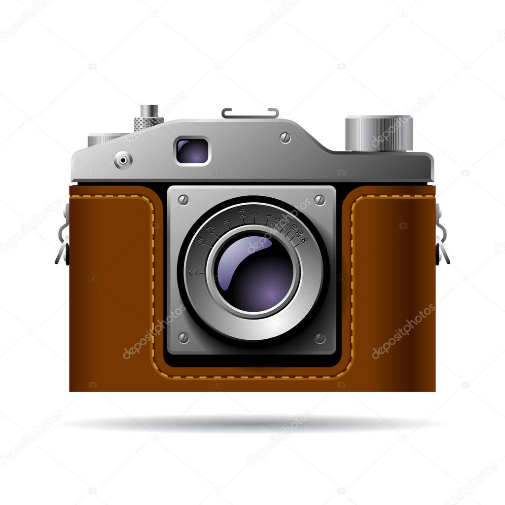 Retro photo camera icon isolated on white