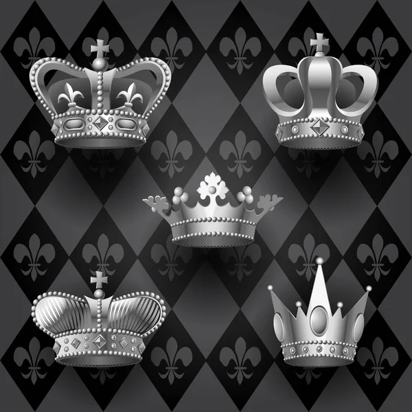 Royal crowns set in black and white colors on retro background — Stock Vector