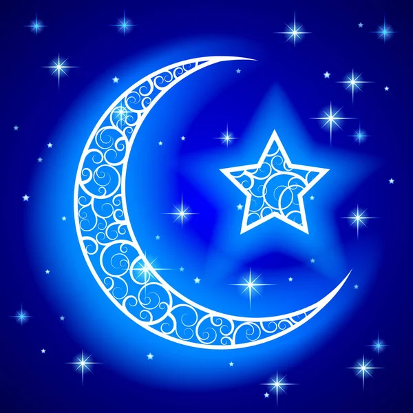 Błyszczący ozdobny półksiężyc z gwiazdą na gwiaździste niebo niebieski noc — Wektor stockowy