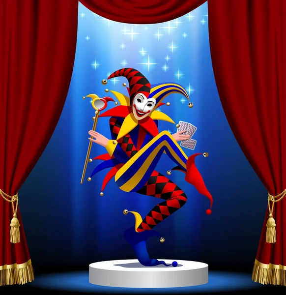 Joker med spelkort och spegel i blått ljus på runda p — Stock vektor