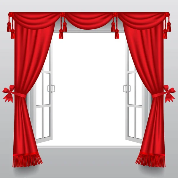 Janela dupla branca aberta com cortinas vermelhas clássicas e transparente — Vetor de Stock