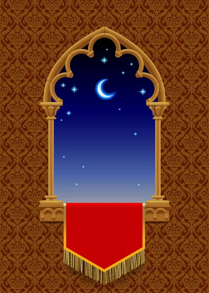 Ventana decorativa gótica con bandera roja y cielo estrellado de noche en — Vector de stock