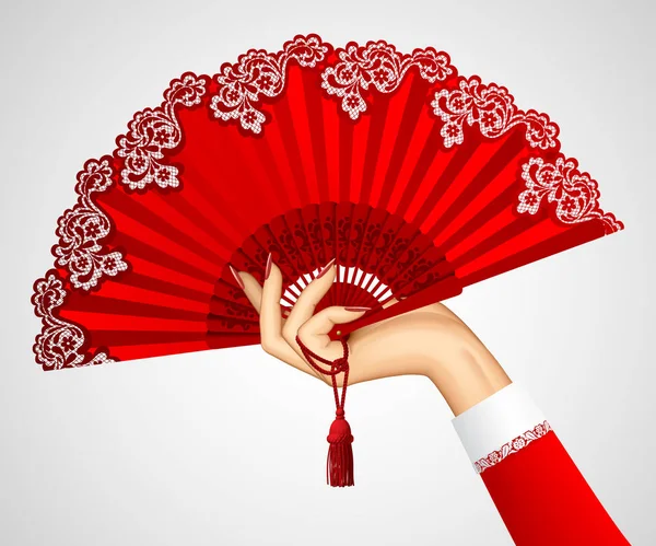Female hand with open vintage red fan isolated on white — Stock Vector
