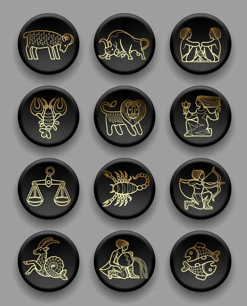 Ensemble d'icônes rondes noires avec signes zodiacaux linéaires en or — Image vectorielle