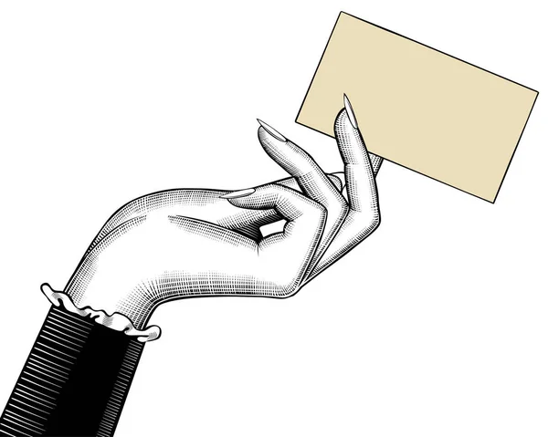 A mão da mulher com um cartão de visita — Vetor de Stock
