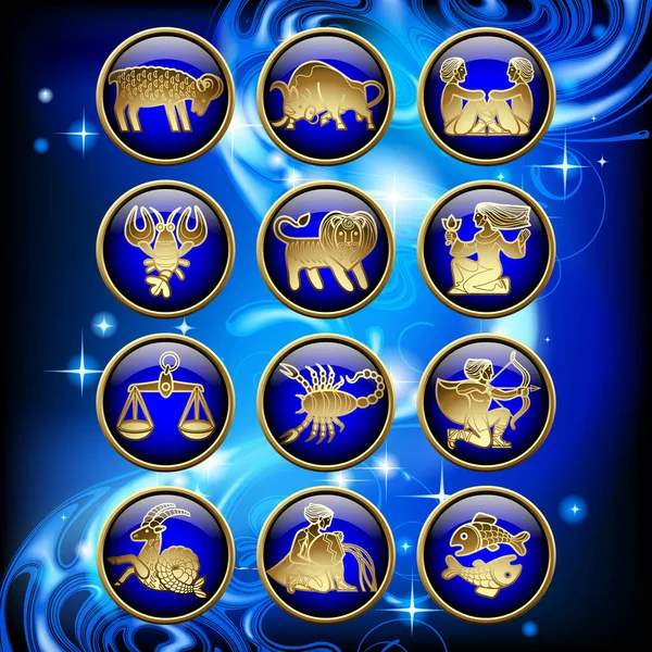 Set of glossy round zodiac icons with gold linear symbols on blu — Stock Vector