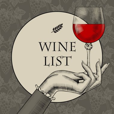 Vintage menü şablonu bir şarap kadehi tutan kadın el ile ve