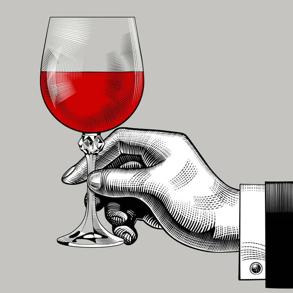 Mano che tiene un bicchiere con vino rosso — Vettoriale Stock