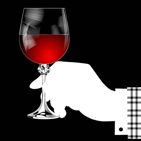 Silueta blanca de la mano sosteniendo una copa con vino tinto en blac — Vector de stock