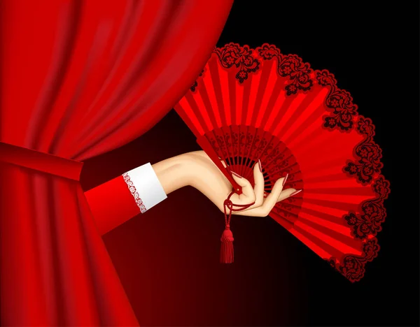 Γυναικείο χέρι με ανοιχτό κόκκινο vintage ανεμιστήρα που απομονώνονται σε λευκό — Διανυσματικό Αρχείο