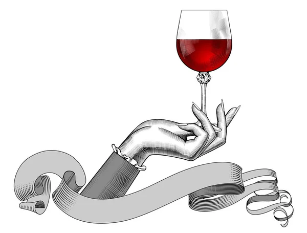Bir bardak şarap ve şerit üzerinde beyaz izole tutan kadın el — Stok Vektör