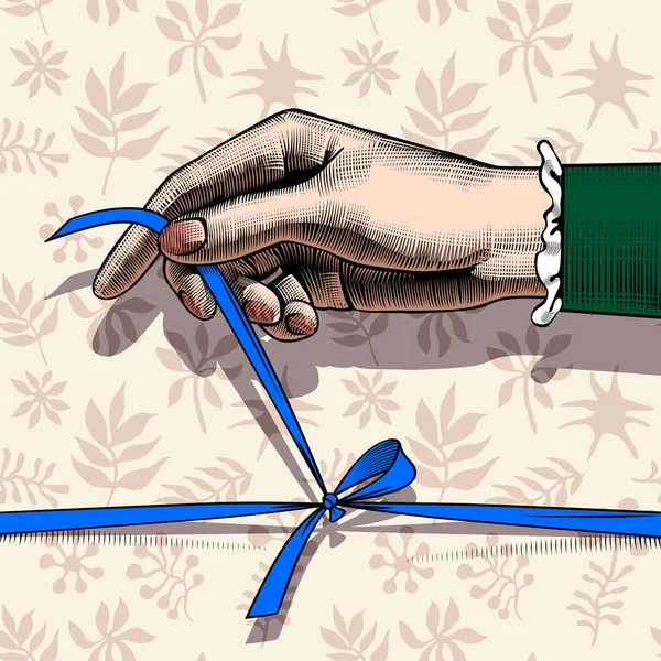 Mano de mujer desatando lazo de cinta azul — Vector de stock