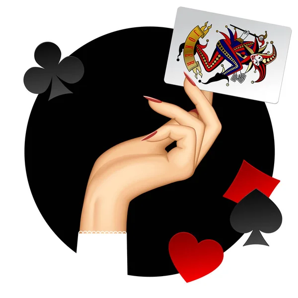 Mano della donna che tiene la carta da gioco Joker sul retro nero rotondo — Vettoriale Stock