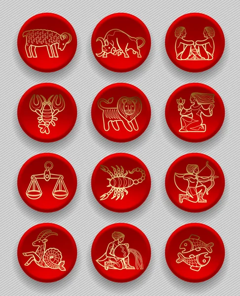 Ensemble d'icônes rondes rouges avec signes zodiacaux linéaires en or — Image vectorielle