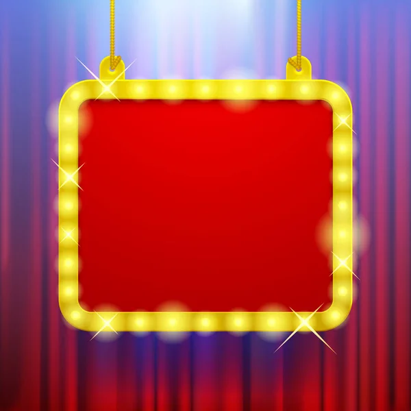 Shining party banner on red curtain background in blue light — Stock Vector