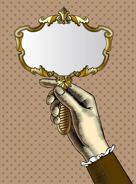 Main de femme avec un miroir rétro doré — Image vectorielle