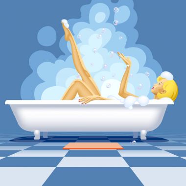 Seksi sarışın çıplak kız mavi banyo zekâ sıcak banyosunda rahatlatıcı