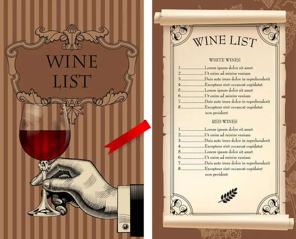 Lista de vinos con mano sosteniendo una copa de vino y pergamino viejo — Vector de stock