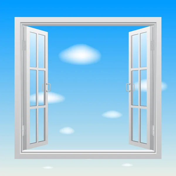 Aberto janela dupla branca no fundo azul céu — Vetor de Stock