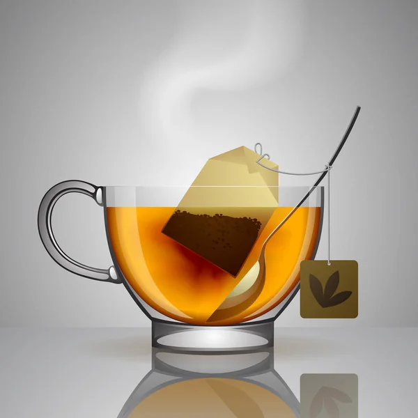 Copa de vidrio transparente con bolsa de té, cuchara y agua caliente — Vector de stock