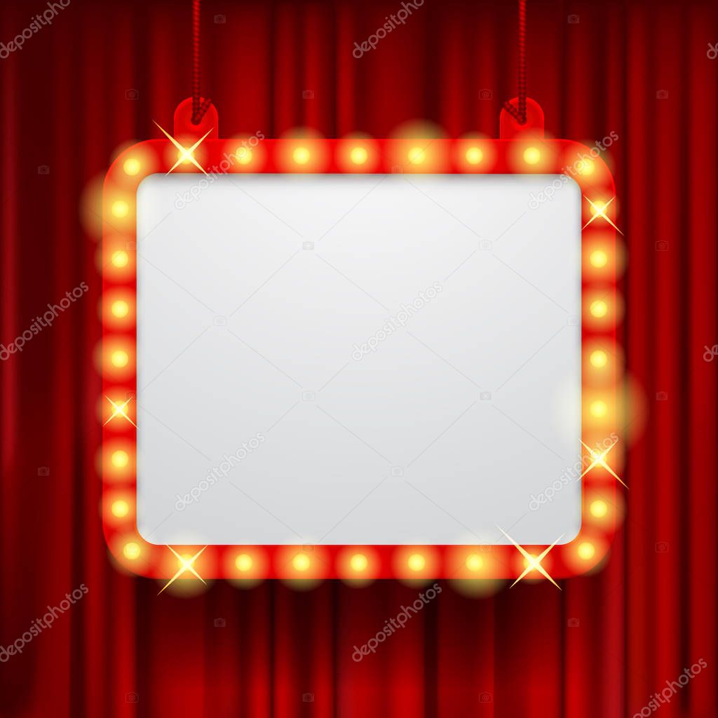 Shining party banner on red curtain background