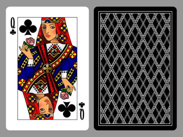 Drottningen av klubbar spelkort och baksidan bakgrunden — Stock vektor