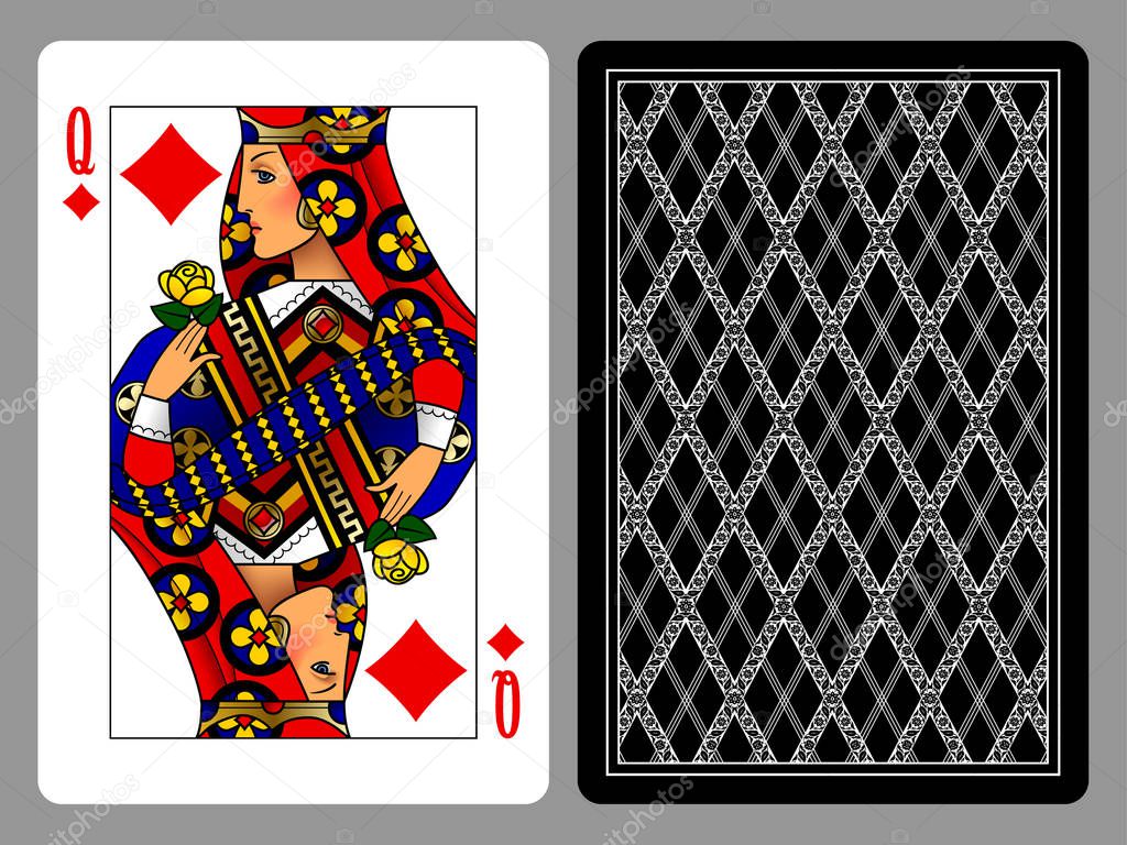 Queen of Diamonds playing card and the backside background