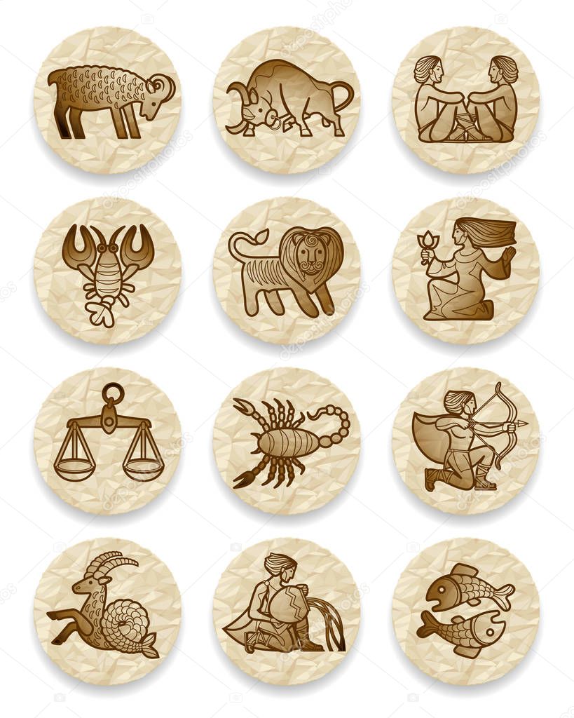 Set of icons with zodiac contour symbols on crumpled paper circl