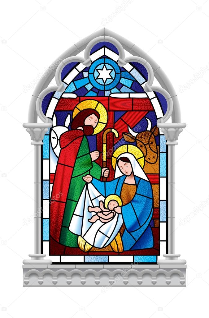 Stained glass window depicting Christmas scene in gray gothic frame
